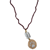 Bling Pawprint Oval Cutout With Jewel Long Maroon Beaded Necklace