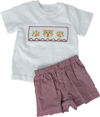 Southern Saturday Infant Boys Smocked Bulldog and Paws w/ Gingham Shorts Set