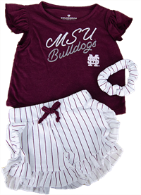 Colosseum Harrington MSU Bulldogs Short Sleeve Tee, Pinstrip Shorts and Pinstripe Scrunchie