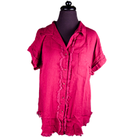 Women's Short Sleeve Button Down Top with Frayed Hems