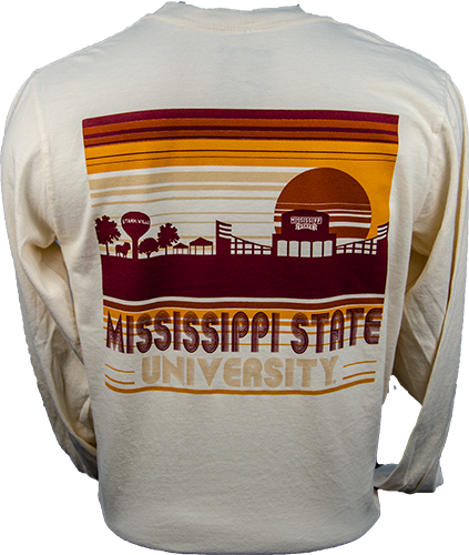 Comfort Colors Mississippi State University with Skyline Sunset on Back Tee Campus Book Mart