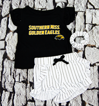 Colosseum Southern Miss over Golden Eagles Short Sleeve Top, Pinstripe Shorts with Pinstripe Scrunchie